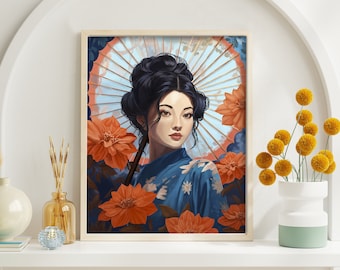 Japanese poster woman surrounded by flowers in 40x50cm format - Japanese style decoration
