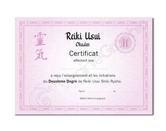 Certificat Reiki d'enseignement 2 ème degré PDf à imprimer, Diplôme de formation de stage Reiki Usui niveau 2 Okuden