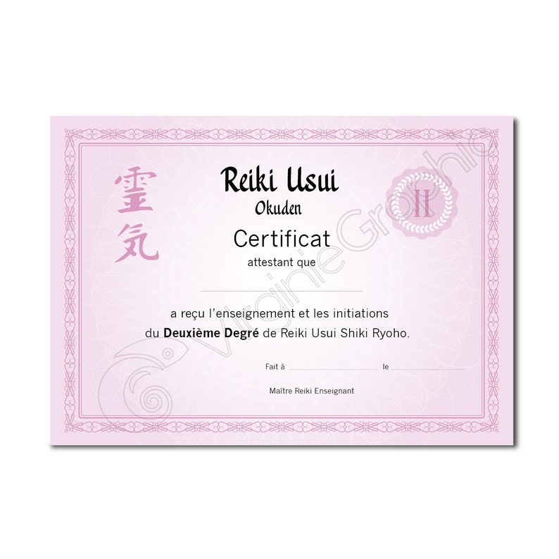 Certificat Reiki d'enseignement 2 ème degré PDf à imprimer, Diplôme de formation de stage Reiki Usui niveau 2 Okuden image 1