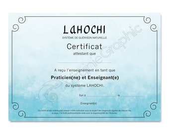 Certificat LAHOCHI soin énergétique PDf téléchargeable à imprimer - Diplôme Praticien et Enseignement pour professionnels