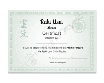Printable Reiki First Degree Teaching Certificate, Reiki Usui Level 1 Shoden Internship Training Certification