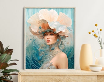 Affiche Femme au chapeau de coquillages au format 40x50cm - Décoration murale originale