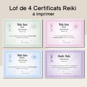 Set mit 4 Reiki-Zertifikaten im PDF-Format zum Ausdrucken, Reiki-Lehrausbildungsdiplome, 4 Ebenen des Energieheilungspraktikums