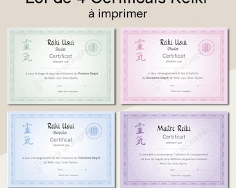 Set mit 4 Reiki-Zertifikaten im PDF-Format zum Ausdrucken, Reiki-Lehrausbildungsdiplome, 4 Ebenen des Energieheilungspraktikums