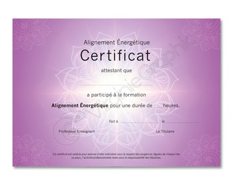 Certificat Alignement Énergétique violet PDf à imprimer téléchargeable - Diplôme d'initiation et d'enseignement pour praticien