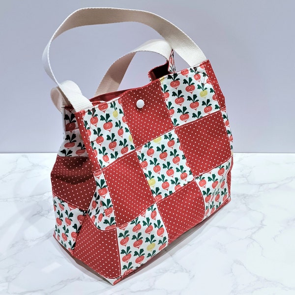 sac en coton enduit motif radis, sac fourre-tout, tote bag, zéro déchet