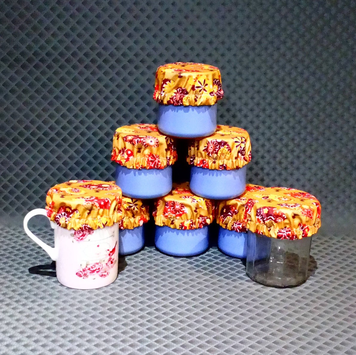 Lot de 6 Charlottes Pot Yaourt en Verre, Tasses, à Confiture, Couvre Pot, Coton Enduit, Zéro Déchet