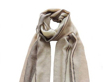 Men's scarf, soft stripes baby alpaca scarf, creme-brown-camel