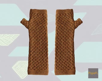 Vingerloze handschoenen polswarmers met honingraatpatroon, 100% baby-alpaca, kleur galena goud.