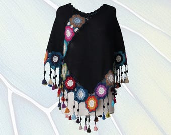 Women's poncho - cape, 100% alpaca color black with crocheted colorful flower edge, hand knitted.
