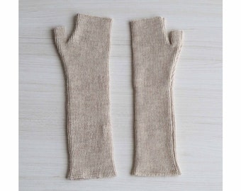 Fingerless gloves / wrist warmers long 100% baby alpaca, color light taupe