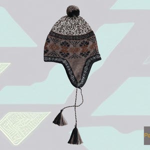 Peruvian alpaca Chullo hat with earflaps, 100% Alpaca, jacquard knitted earflap beanie, natural Peruvian alpaca hat with pom pom and tassels