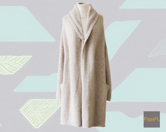 Alpaca Cardigan Felted, Capote Coat, shawl collar NON Hooded, color oatmeal with belt.