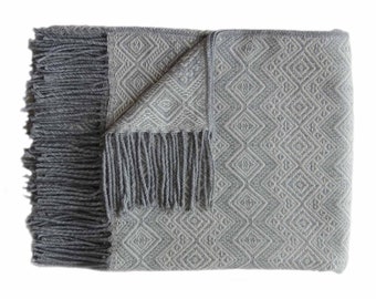 Alpaca Deken / Plaid met franjes kleur grijs en wit, alpaca blend plaid