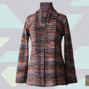 Women cardigan alpaca 100%, shawl collar vest with honeycomb pattern, hand knitted multi color open alpaca cardigan with shawl collar