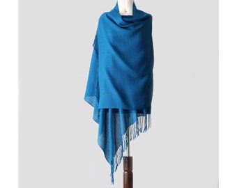 Women's Shawl ROYAL ALPACA 100%, fine hand woven stole, solid color sapphire blue