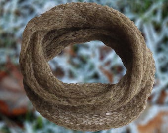 Circle scarf 100% baby alpaca, soft hand knitted open structure, color green melange