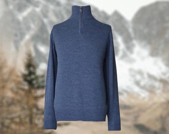 Men's sweater baby alpaca 100% with Quarter-Zip pullover, color blue