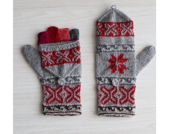 Convertible mittens, hand knitted fingerless alpaca mittens, alpaca woolen mittens for women.