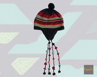 Peruvian Chullo lined, baby alpaca 100%, soft typical Andean Mountain hat with ear flaps.
