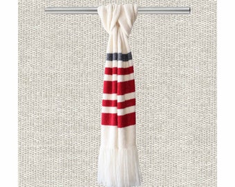 Scarf rib knitted in a soft  alpaca blend with long fringes, color combination creme white, red and gray, handknitted fair trade