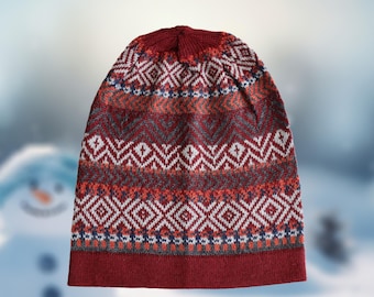Baby alpaca beanie hat, jacquard knitted, winter wool cap, stylish warm accessory.