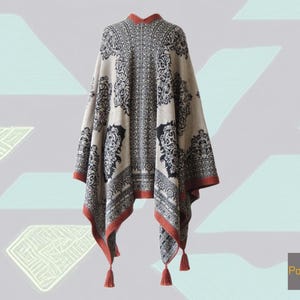 Baby Alpaca Reversible Ruana Wrap with Jacquard Pattern, Dark and Light Sides, Tassels, Warm Winter Women's Poncho, Luxurious Soft Alpaca