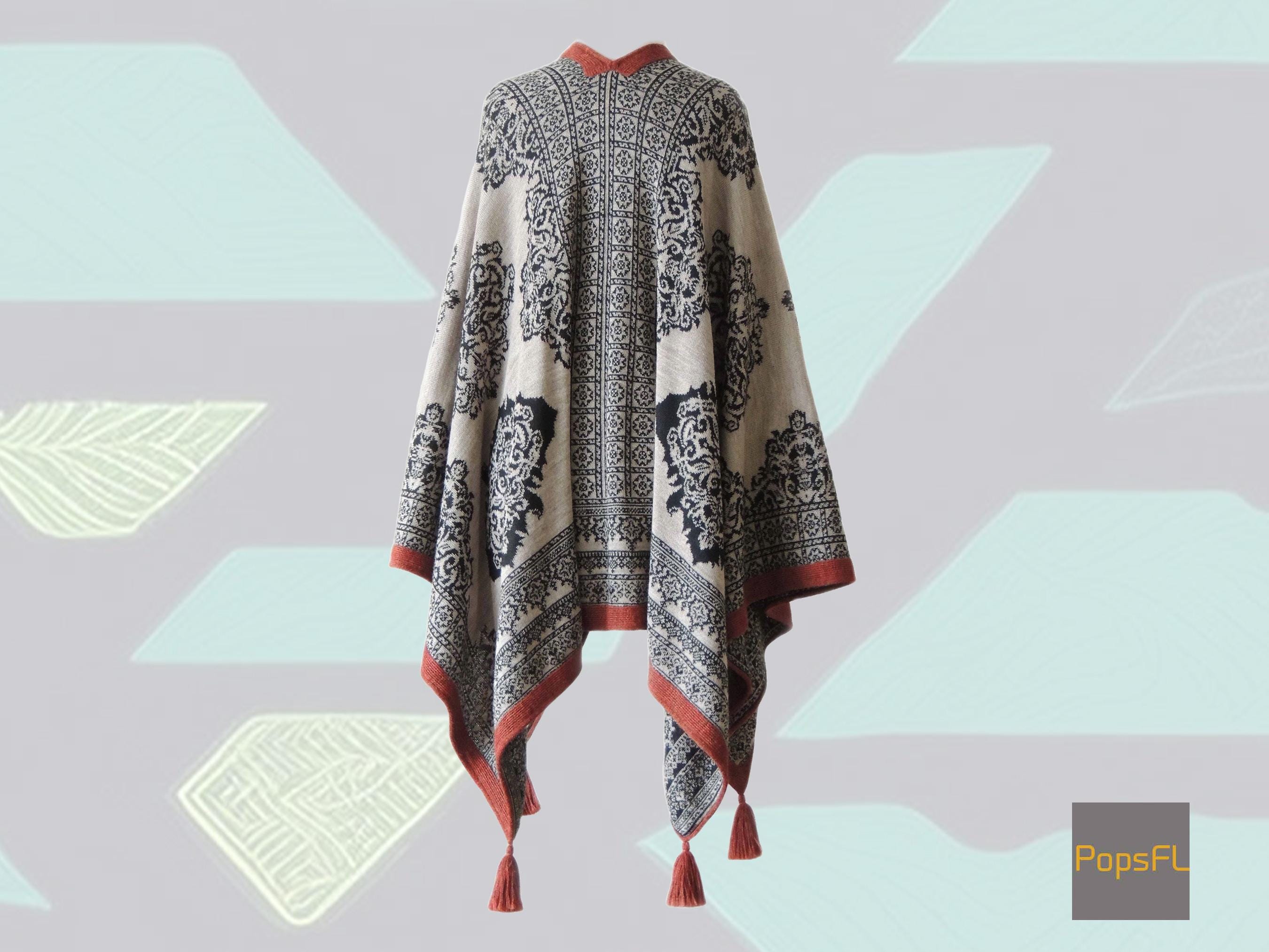 Baby Alpaca Ruana Wrap Reversible With Jacquard Pattern, Dark and Light ...