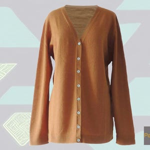 Classic cardigan fine knitted, V-neck cardigan and mother of pearl button closure 100% baby alpaca sandstone orange