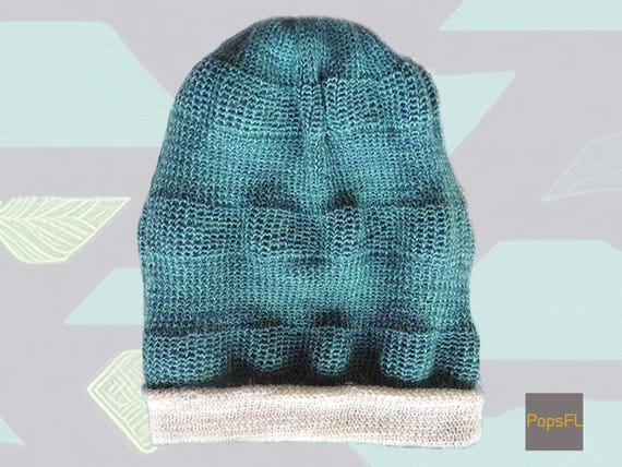 Reversible alpaca wool beanie, double knitted extra warm hat in green and white, unisex.