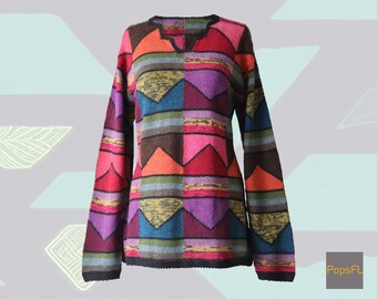 Maglione in alpaca lavorato a mano, maglione con intarsi multicolor, taglia L