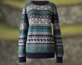 Alpaca sweater with all over pattern, crew neck, color green- black- multi.