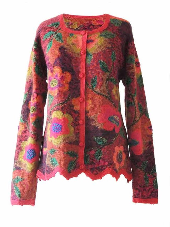 Damen Strickjacke Alpaka Intarsia Gestrickte Blumen Design Rot Etsy