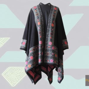 Wrap / Ruana baby alpaca 100%,  jacquard knitted black with colorful floral pattern