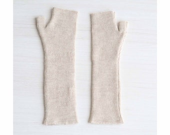 Fingerless gloves / wrist warmers long 100% baby alpaca, color oatmeal