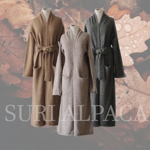 Long alpaca cardigan coat in luxe brushed suri alpaca blend, hand knitted, waist belt, pockets, long length 44 in / 110 cm, 48 in / 122 cm