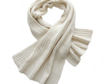 Women's scarf rib knitted in a soft baby alpaca blend, winter scarf color white, alpaca wool scarf,  55 x 19 inch