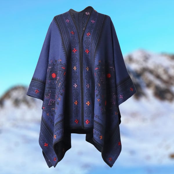 Alpaca wrap reversible, jacquard knitted ruana with hand embroidered details, color blue - black