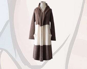 Alpaca cardigan felted, capote coat hooded, 2 color version taupe - creme  white