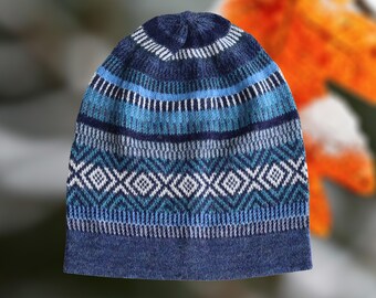 Baby alpaca beanie hat, multi color jacquard knitted, winter headwear, cozy warm cap.