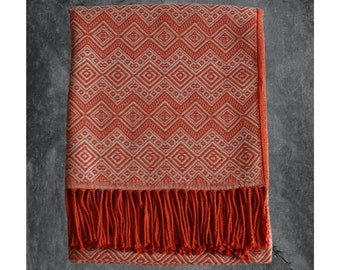 Alpaca Deken / Plaid met franjes koraalrood - creme wit, alpaca blend plaid