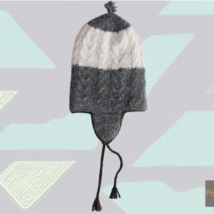 Peruanische Wendemütze mit Ohrenklappen, 100% Alpakawolle, handgestrickte Chullo-Mütze, natürliches Grau, Weiß und Kamelfarben, Winterwollmütze