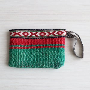 Peruvian frazada clutch handbag, handwoven  green-red-white  8 x 5.5 inch / 20 x 14 cm