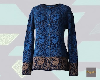 Baby alpaca cardigan, Jacquard knitted 3 colour all over pattern, crew neck.