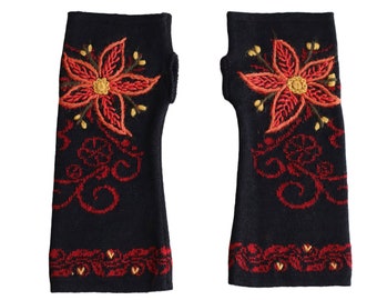 Wrist warmers fine jacquard knitted, fingerless gloves with embroidered flower detail,alpaca blend