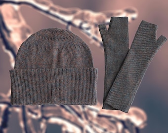 SET Fingerless gloves - Fishermans beanie 100% alpaca, melange color brown