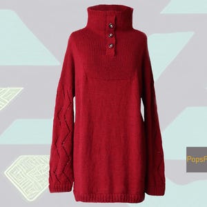 Women sweater baby alpaca hand knitted sweater wine red with high collar and button closure, soft and warm sustainable hypoallergenic.