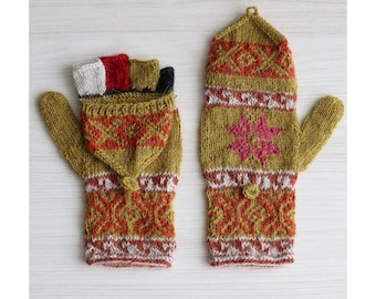 Convertible mittens, hand knitted fingerless alpaca mittens, alpaca woolen mittens for women.