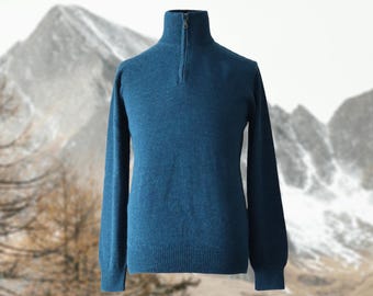 Men's sweater baby alpaca 100% with Quarter-Zip pullover, color teal.