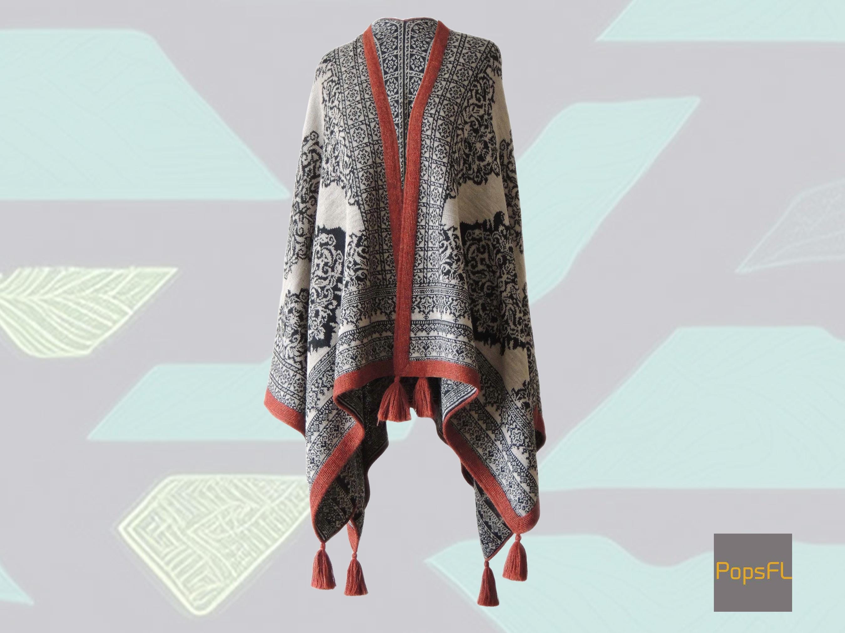 Baby Alpaca Ruana Wrap Reversible With Jacquard Pattern, Dark and Light ...